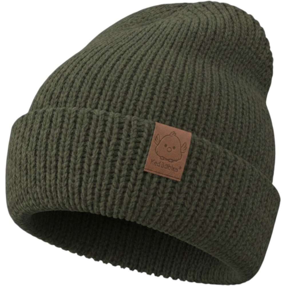 KeaBabies Kids Olive Green‎ Knit Beanie Hat Faux Leather Patch Bird Logo